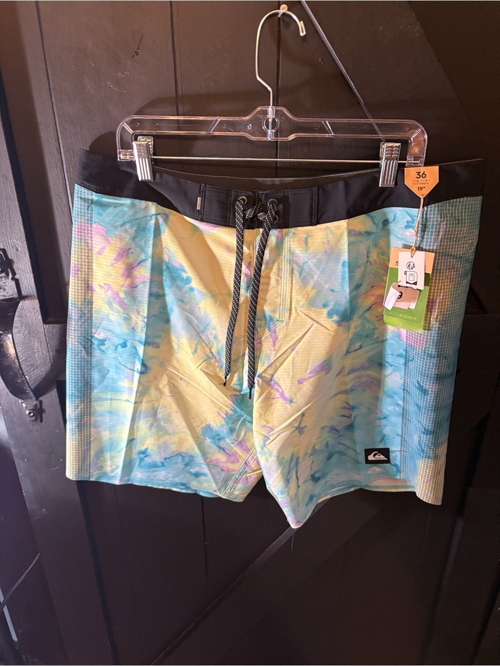 Quiksilver Blue Yellow Tie-Dye Board Shorts with Black Waistband